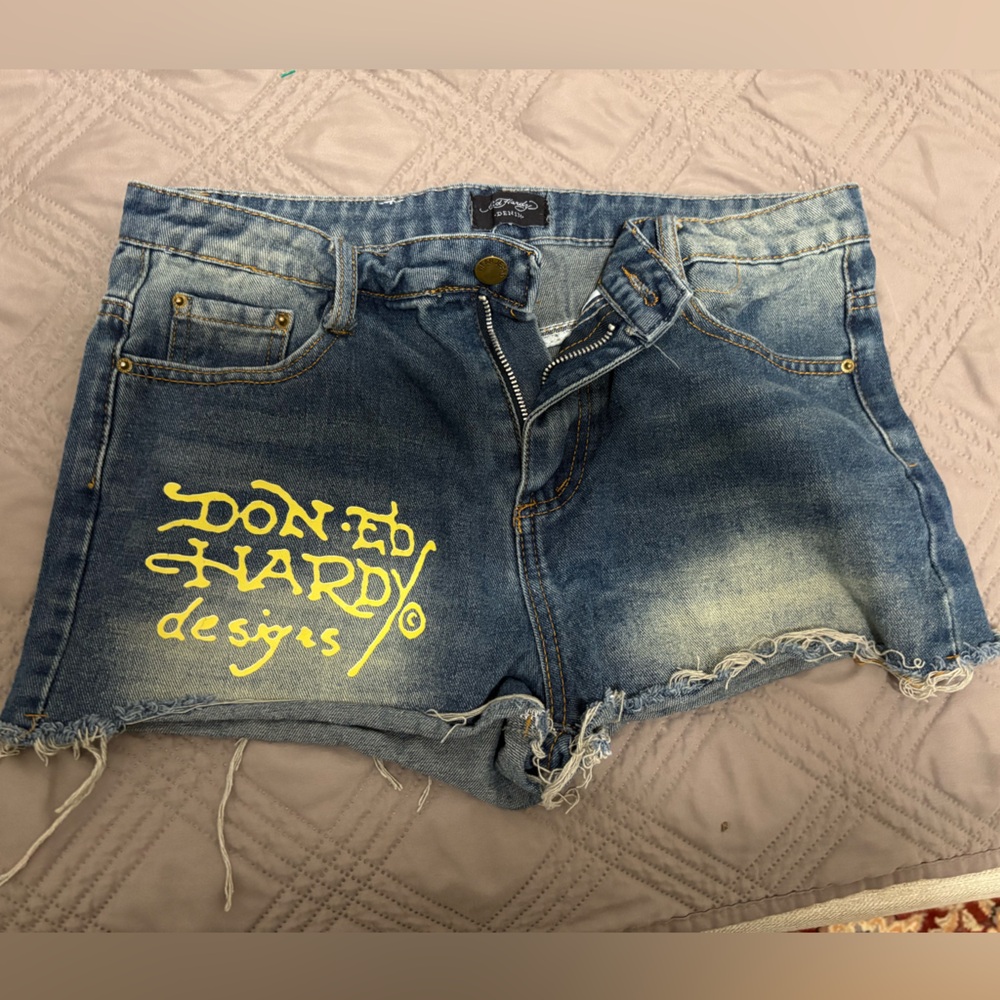 Ed Hardy Blue Denim Women's Cutoff Shorts with Yellow Logo